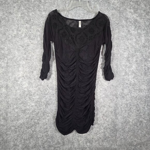 Free People Dresses & Skirts - Free People Bodycon Dress Long Sleeve Mini  Rouching Mesh Detail Black Size S
